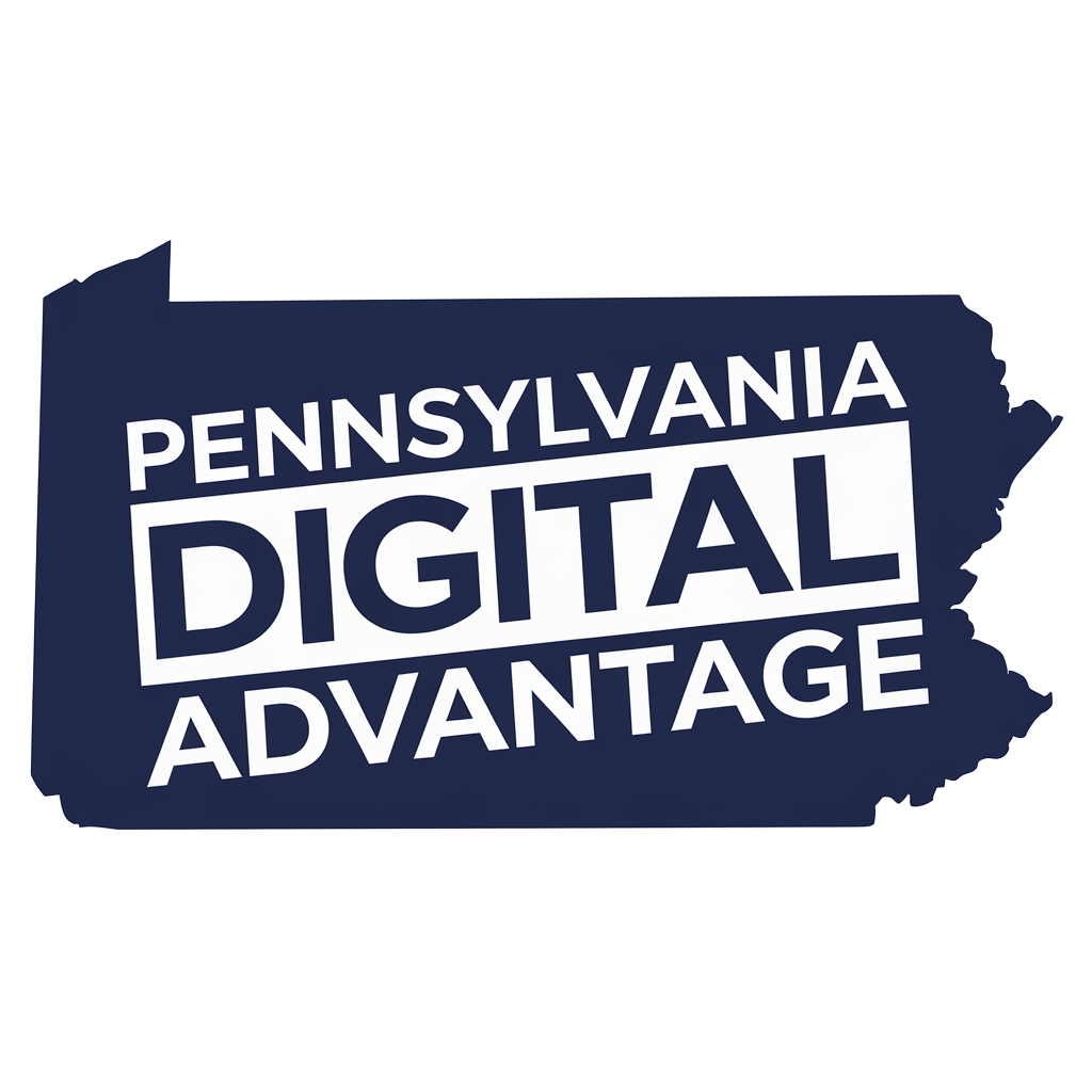 Silhouette of Pennsylvania state filled with navy blue color featuring the text 'PENNSYLVANIA DIGITAL ADVANTAGE' in white letters