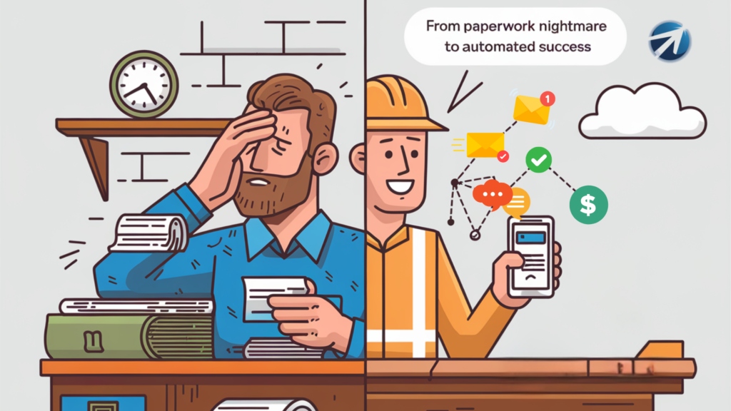 Split-screen illustration showing contractor transformation: left side shows stressed contractor buried in paperwork with hand on forehead, right side shows same contractor in hard hat confidently using smartphone with automated workflow icons including messages, payments, and scheduling connected above. Caption reads 'From paperwork nightmare to automated success.