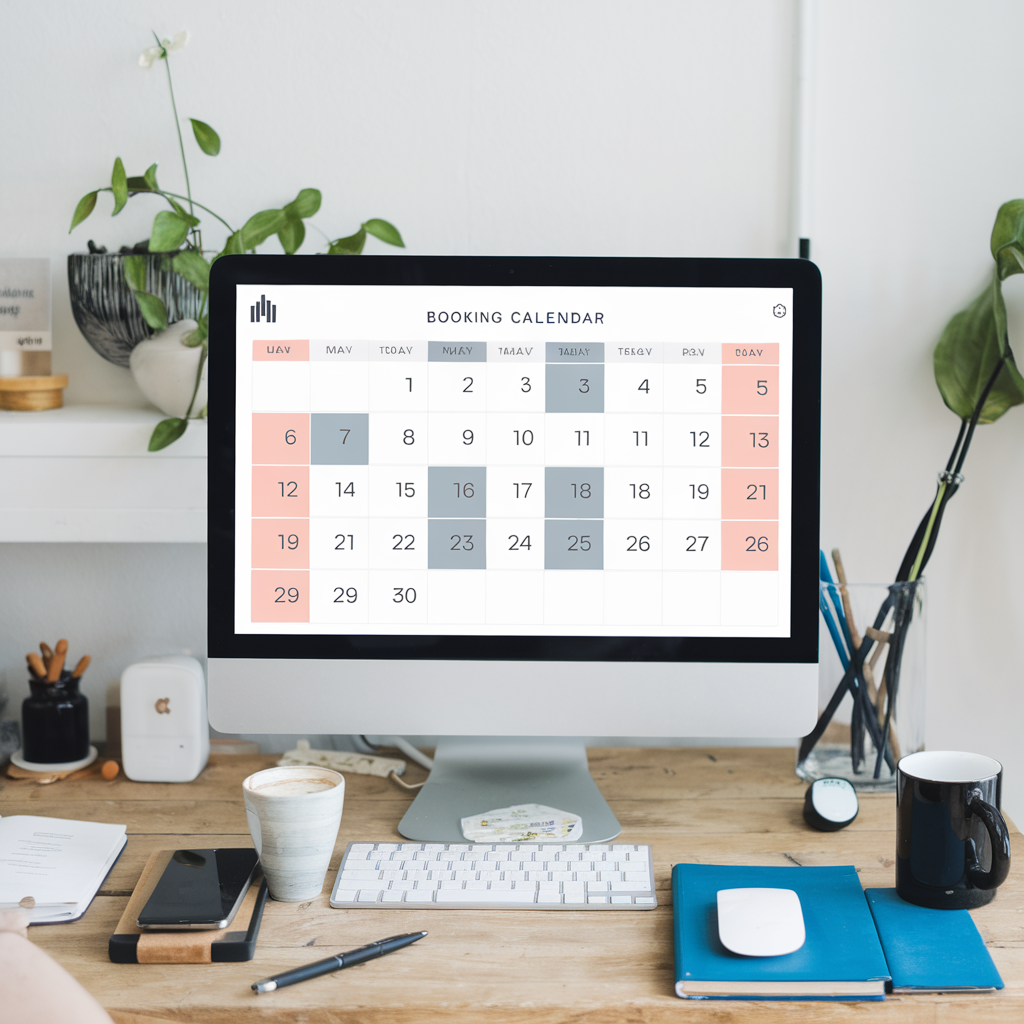 Modern desktop workspace with computer displaying an online booking calendar interface, surrounded by office accessories, plants, and a coffee cup