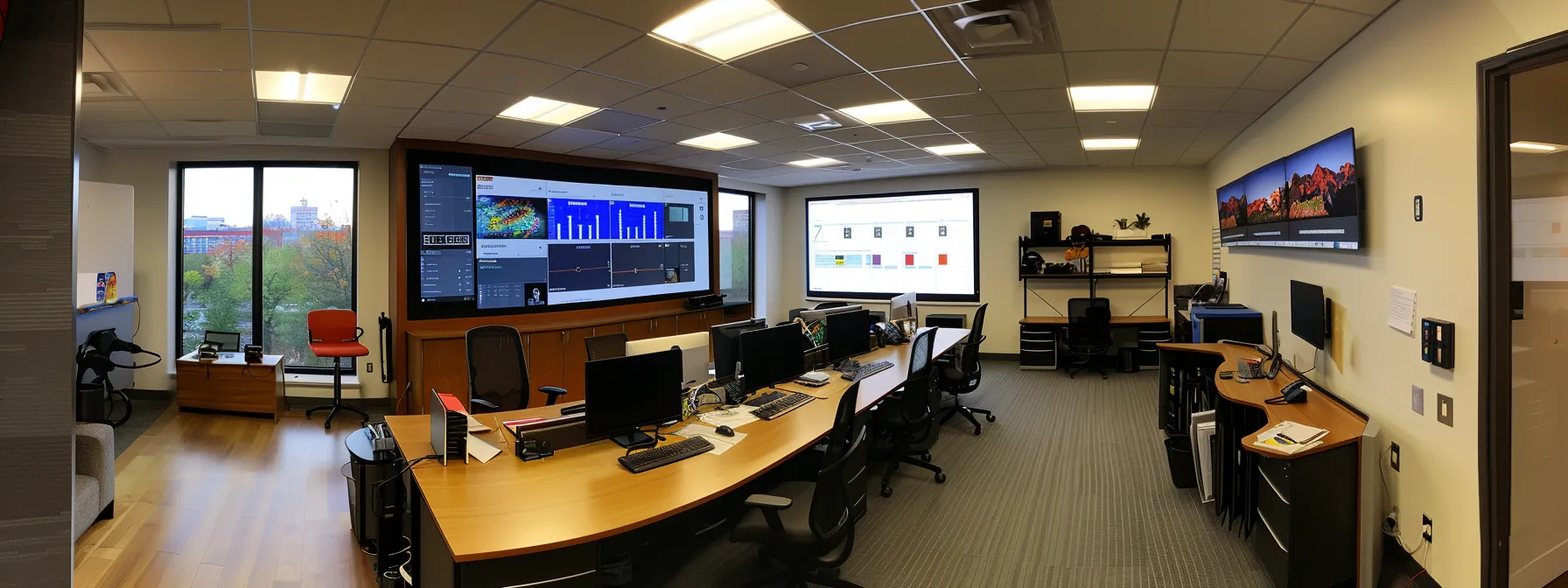 a modern office environment features a sleek workspace with a digital dashboard displaying organized communication tools like call forwarding and messaging apps, emphasizing a professional roofing team's proactive approach to efficiently capturing leads.