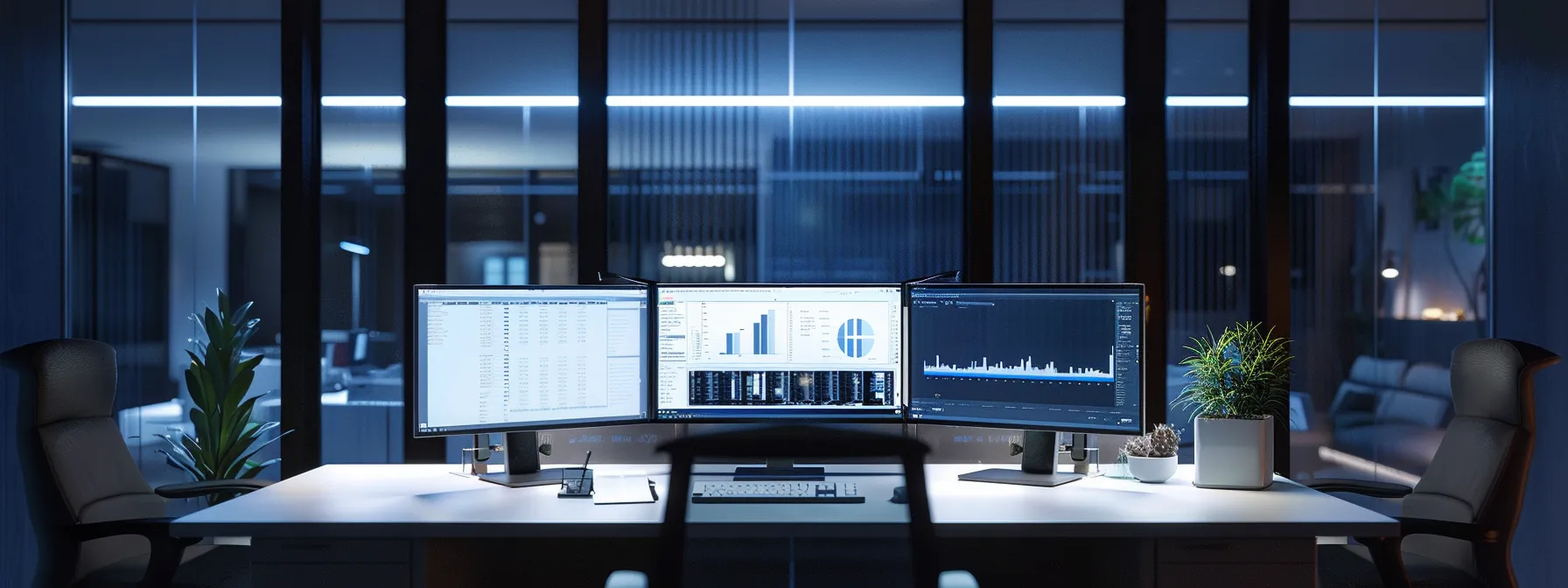a sleek, modern office bathed in soft artificial lighting showcases a sophisticated workstation with dual monitors displaying call-tracking software and automated responses, emphasizing the integration of technology solutions for enhanced lead management and customer service.