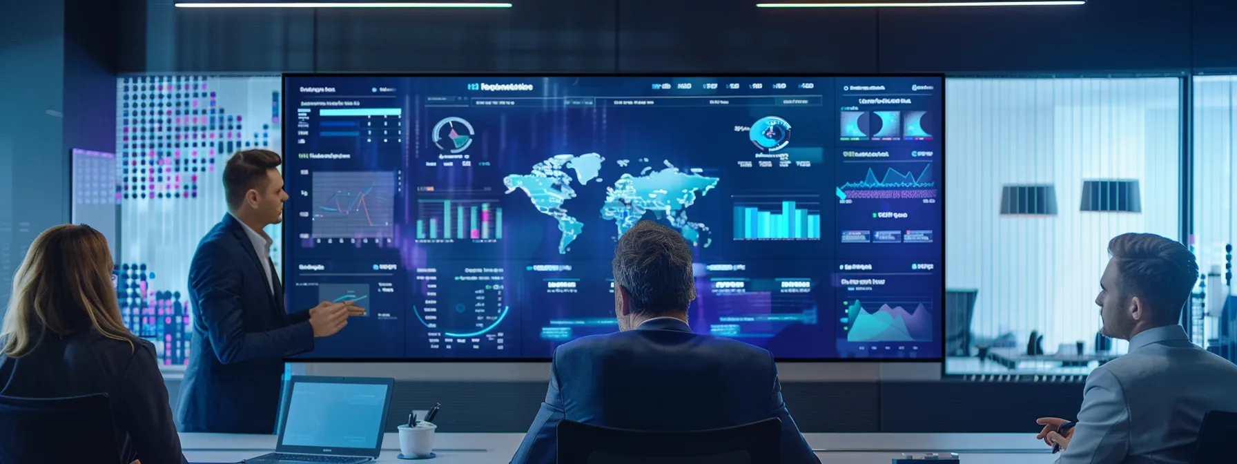 an engaged team of professionals gathers around a sleek conference table in a modern office, animatedly discussing strategies for enhancing customer communication practices while reviewing digital dashboards displaying lead metrics and call management protocols.