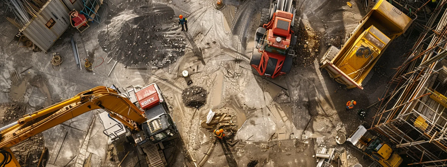 an overhead view of a bustling construction job site, showcasing trade professionals engaged in various tasks amidst heavy machinery and communication devices, emphasizing the challenges of missed customer calls due to noise and limited connectivity.