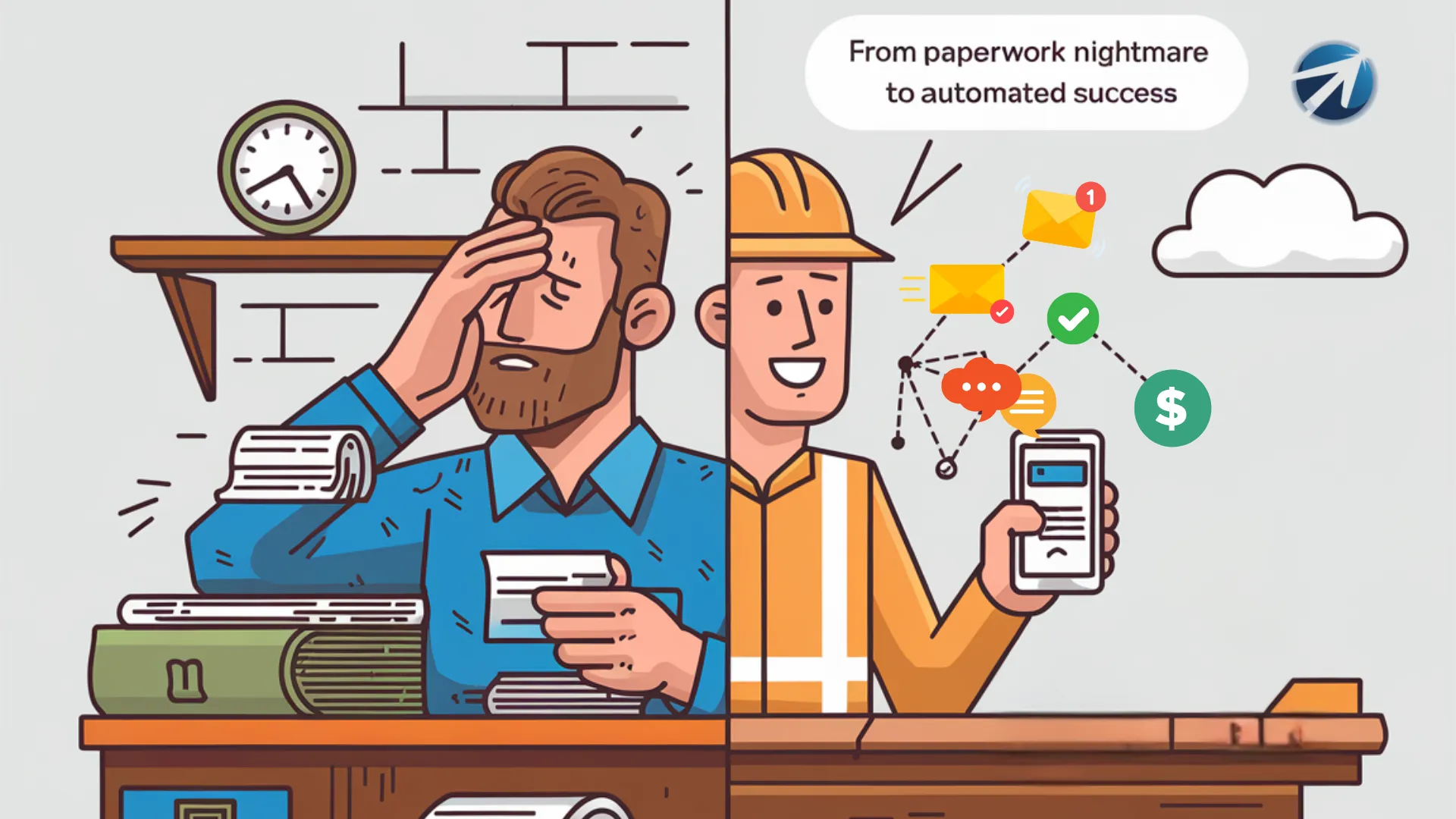 Split-screen illustration showing contractor transformation: left side shows stressed contractor buried in paperwork with hand on forehead, right side shows same contractor in hard hat confidently using smartphone with automated workflow icons including messages, payments, and scheduling connected above. Caption reads 'From paperwork nightmare to automated success.