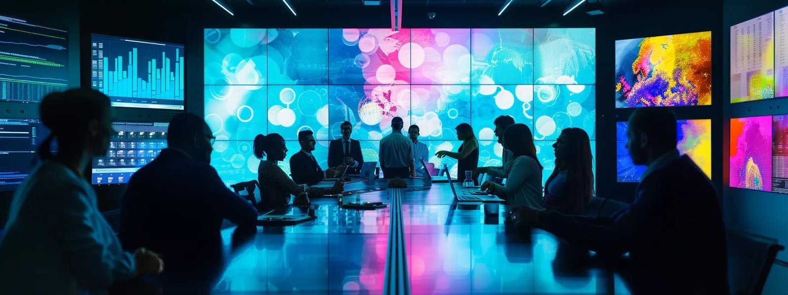 a dynamic office environment showcases a team of diverse professionals gathered around a sleek conference table, engaged in a vibrant discussion over digital displays highlighting successful lead follow-up strategies and impressive conversion statistics.