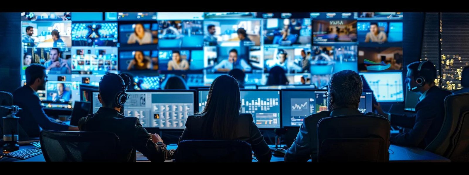 a dynamic office scene showcasing diverse professionals engaged in a digital brainstorming session, surrounded by multi-monitor setups displaying various communication platforms like email, social media, and messaging apps, highlighting an omnichannel strategy for faster connections.