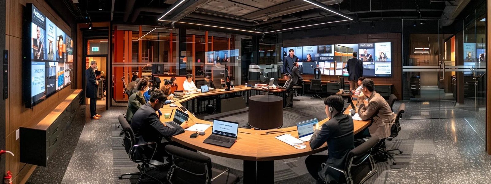 a modern, bustling office environment features a diverse group of professionals engaged in dynamic discussions around a sleek conference table, with digital displays showcasing lead scoring metrics and response times, emphasizing the urgency and importance of swift lead conversion.