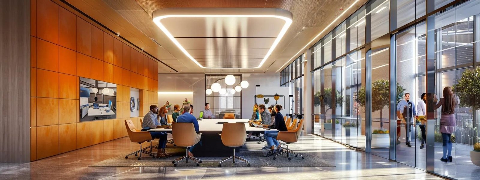 a sleek, modern office environment features a dynamic group of diverse professionals engaged in an animated brainstorming session around a high-tech conference table, illuminated by bright, focused overhead lights.