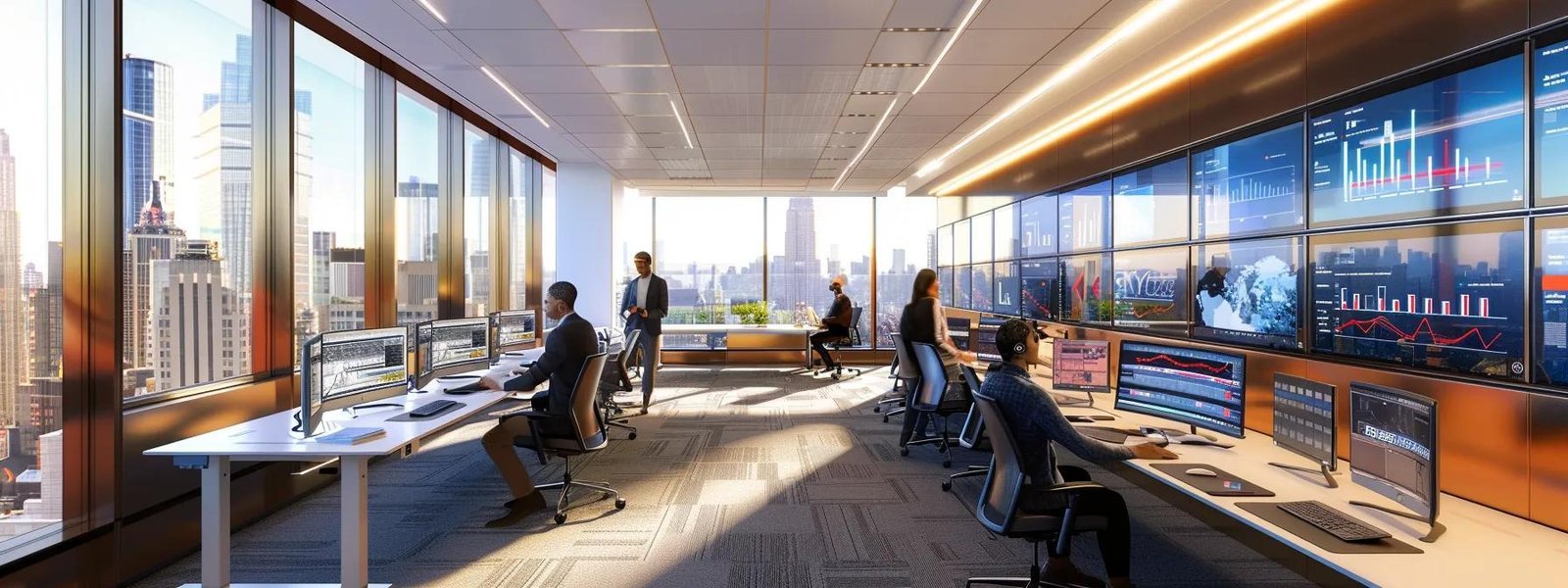 a sleek, modern office setting showcases a diverse team of contractors collaborating around high-tech screens displaying automated project management software, with visible graphs and data analytics highlighting real-time progress and scheduling efficiency.