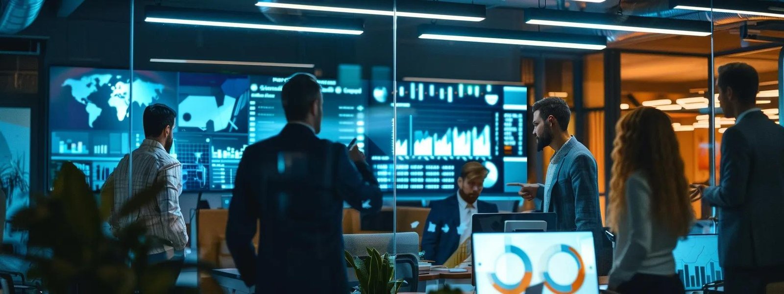 a sleek, modern office space featuring contractors engaged in strategic discussions around outsourcing, with digital screens displaying analytics, project timelines, and specialized trade agreements, illuminated by bright, focused lighting to emphasize productivity.