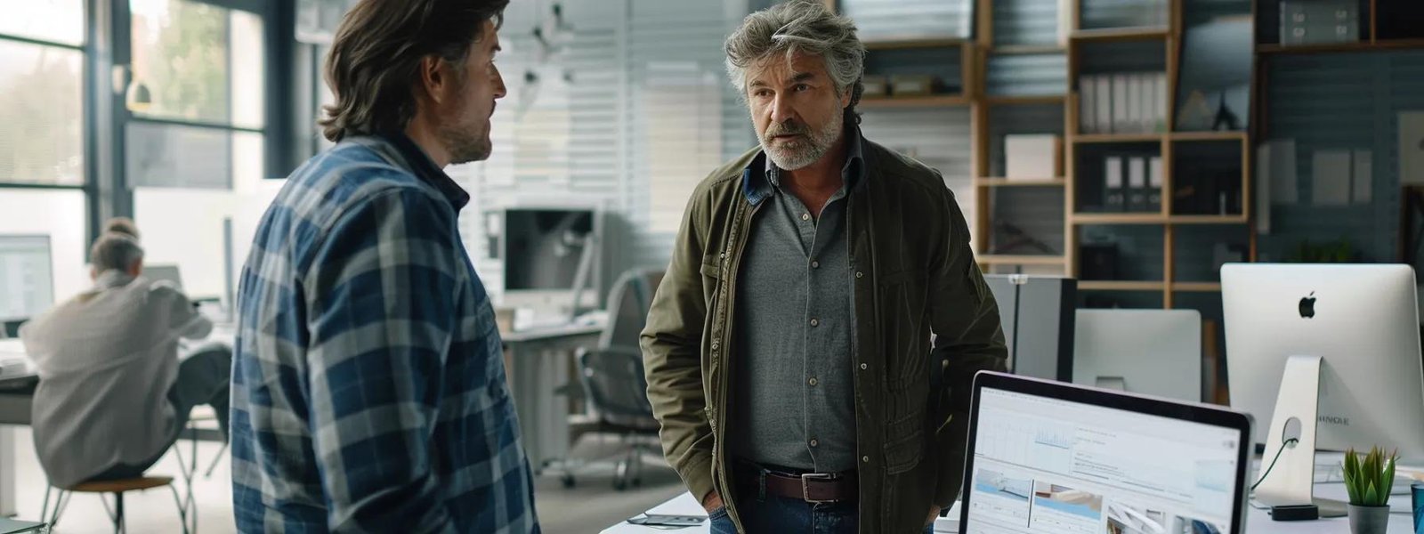 a confident contractor engages in a focused conversation with a satisfied client in a modern office, showcasing a digital device displaying project progress as they discuss personalized services and future collaboration.