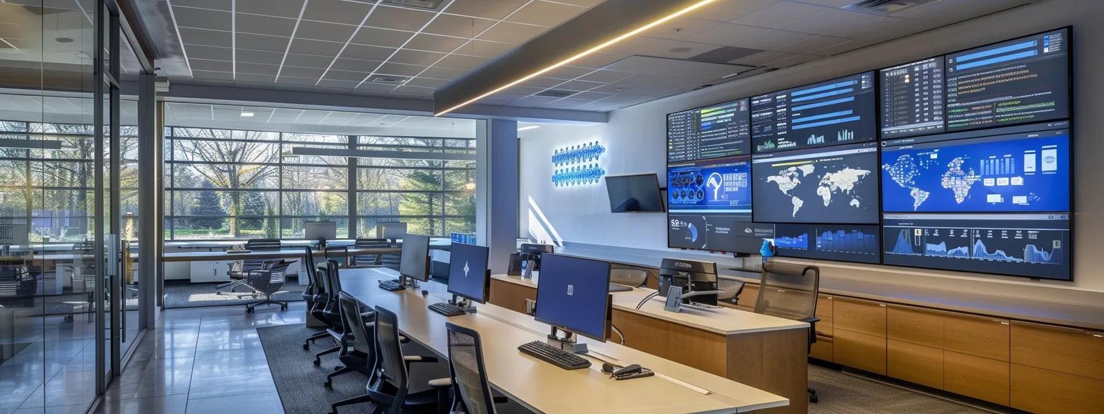 a modern contractor’s office displays a large digital dashboard filled with performance metrics, while a focused team collaborates around a streamlined project management table, embodying the essence of operational efficiency and innovative workflow optimization.