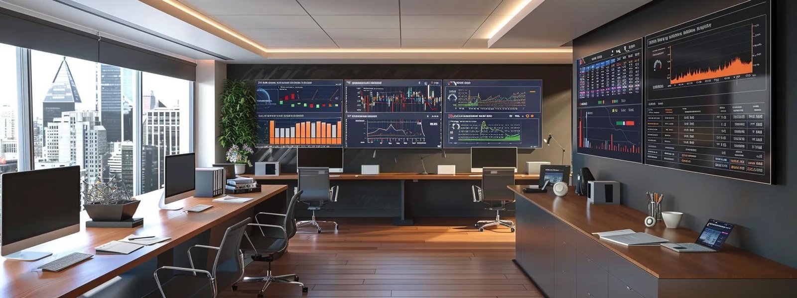 a sleek, modern office space with multiple digital dashboards displaying real-time financial kpis and cash flow metrics, highlighting a focus on efficient financial management for contractors driving sustainable growth.